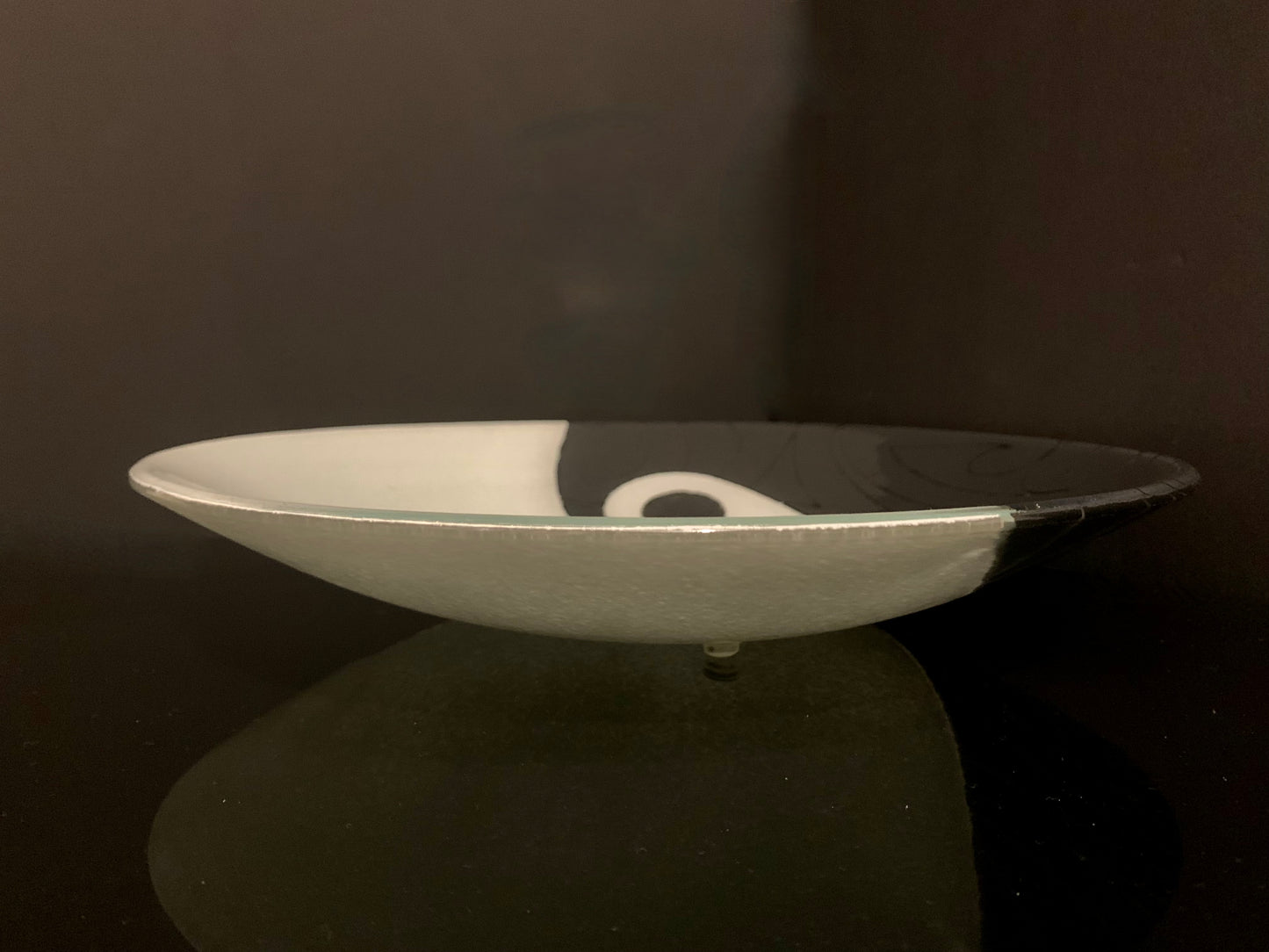 Fused Glass Bowl by Maori Boy - Koru Furl Design (white and graphite) 32cm