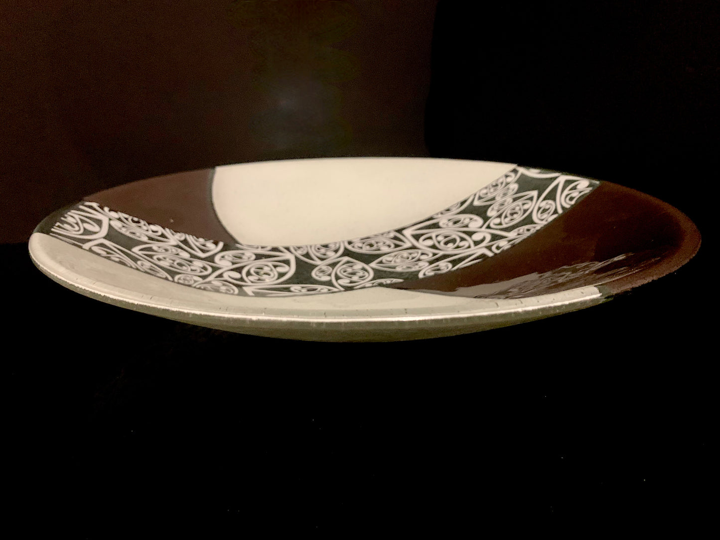 Fused Glass Bowl by Maori Boy - Kowhaiwhai Design (brown and white) 32cm