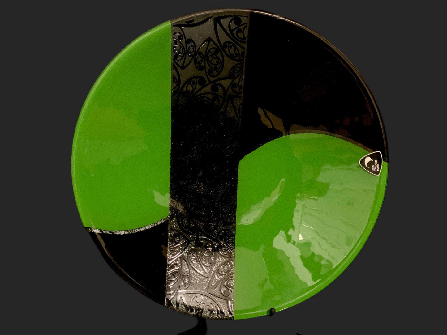 Fused Glass Bowl by Maori Boy - Kowhaiwhai Design (green and black) 32cm