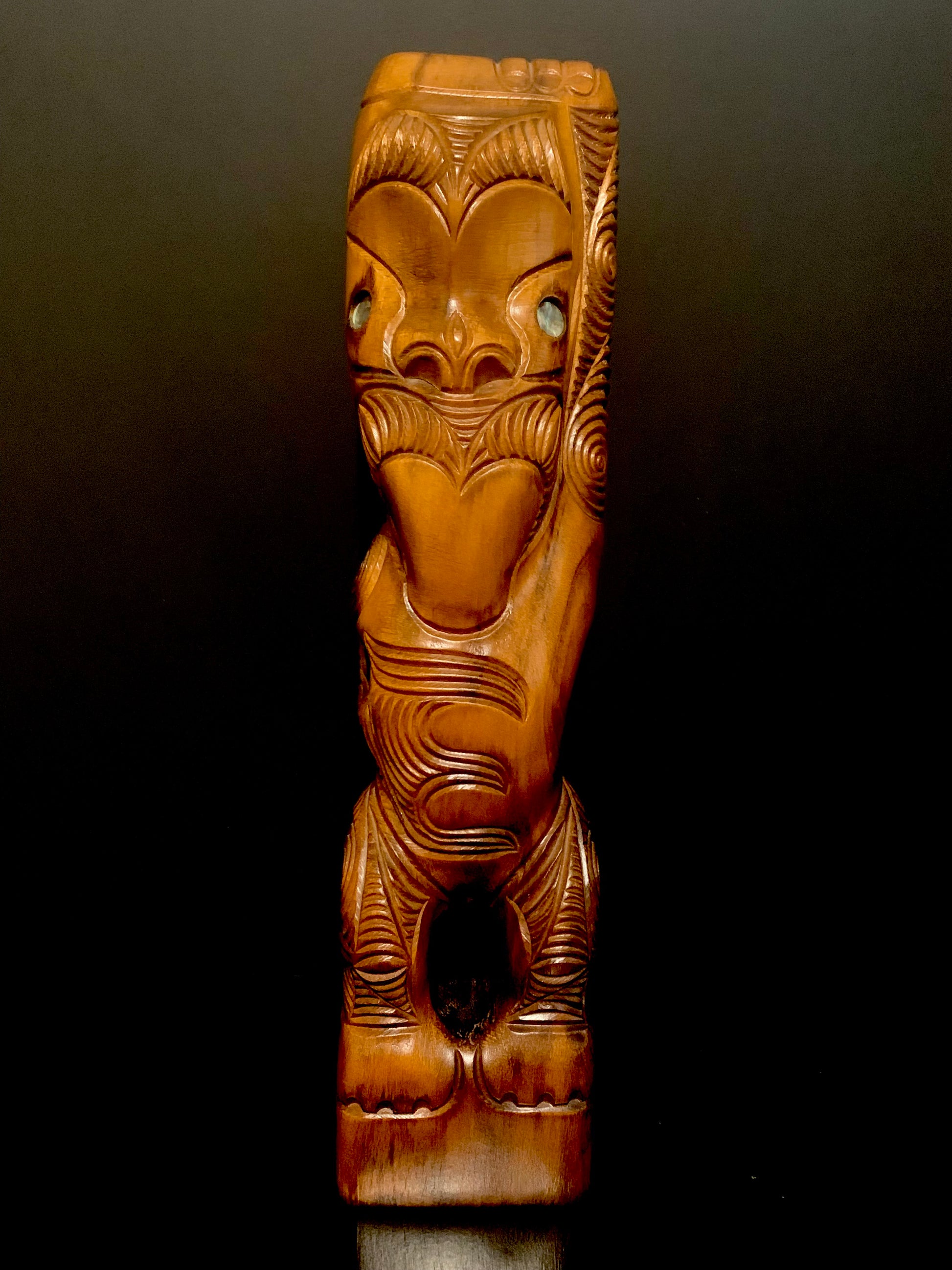 front view of Maori teko teko statue carved in New Zealand and available from Silver Fern Gallery