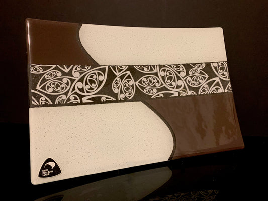 Fused Glass Platter by Maori Boy - Kowhaiwhai Design (Brown and White) 40cm x 30cm