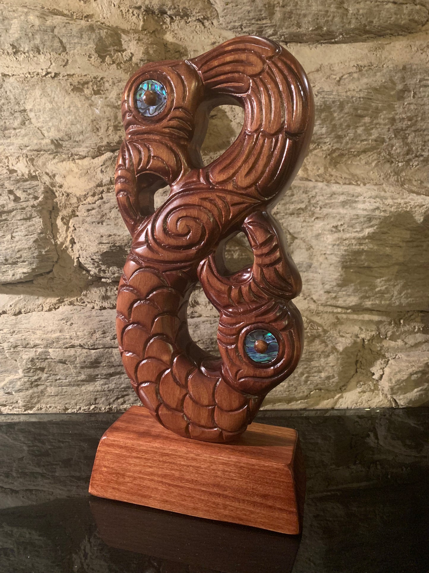 Maori wood manaia on stand carved in New Zealand and available from Silver Fern Gallery