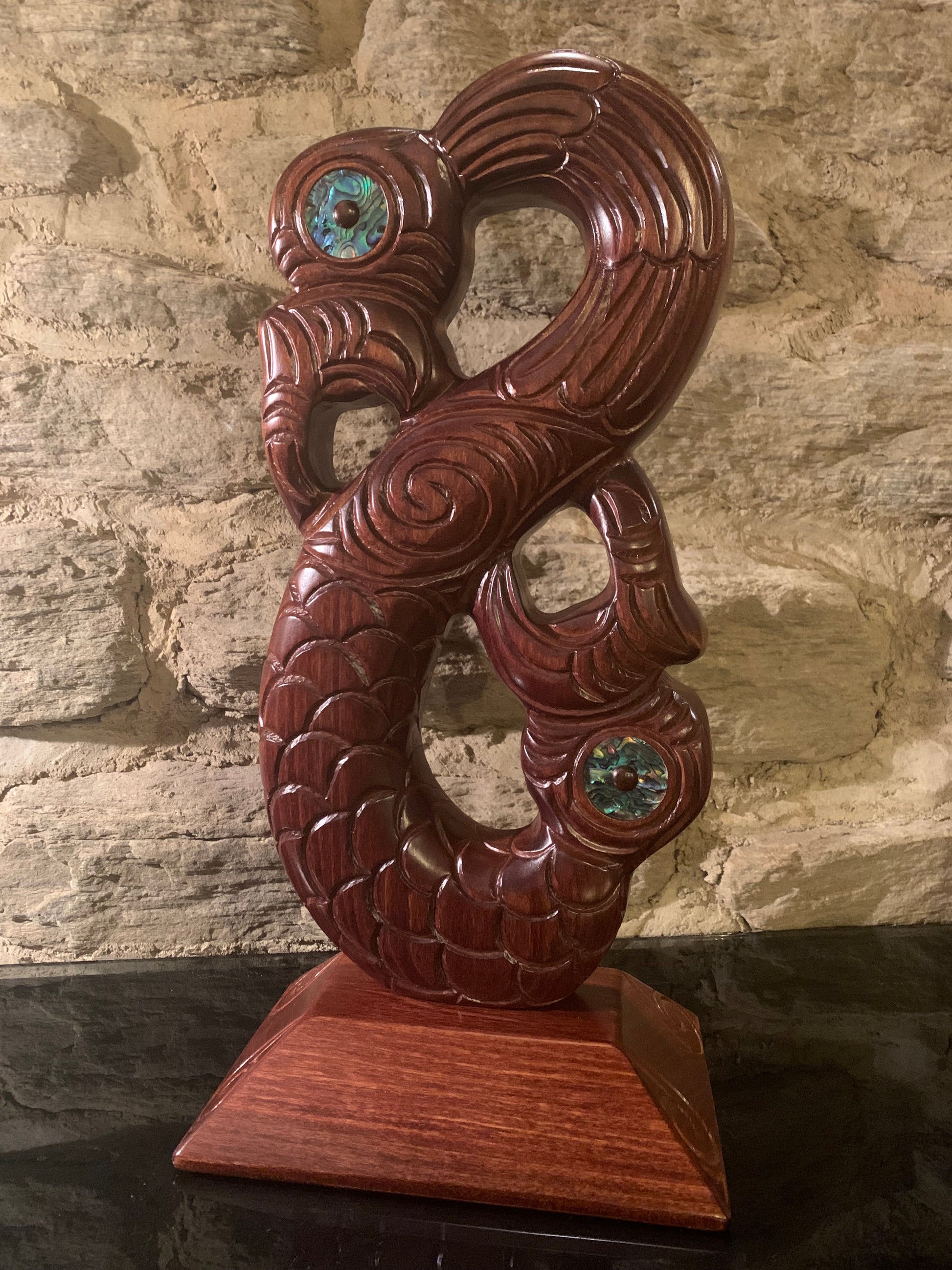 Maori wood manaia on stand carved in New Zealand and available from Silver Fern Gallery