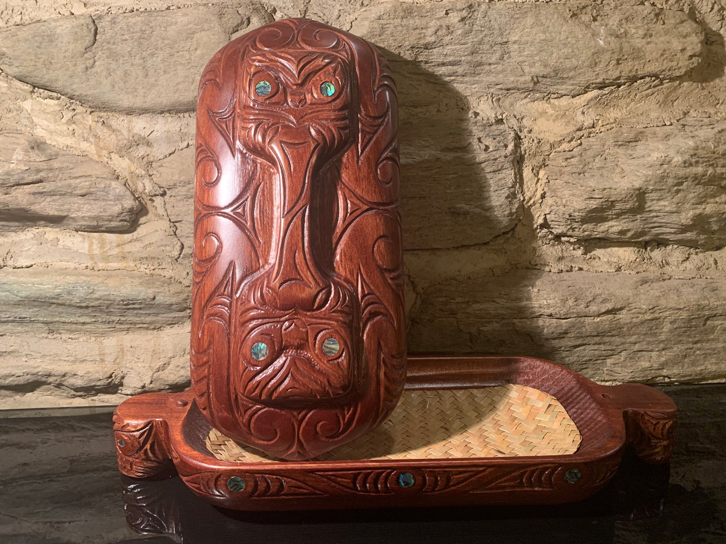 showing lid detail of Maori wakahuia jewellery treasure box carved in New Zealand and available from Silver Fern Gallery