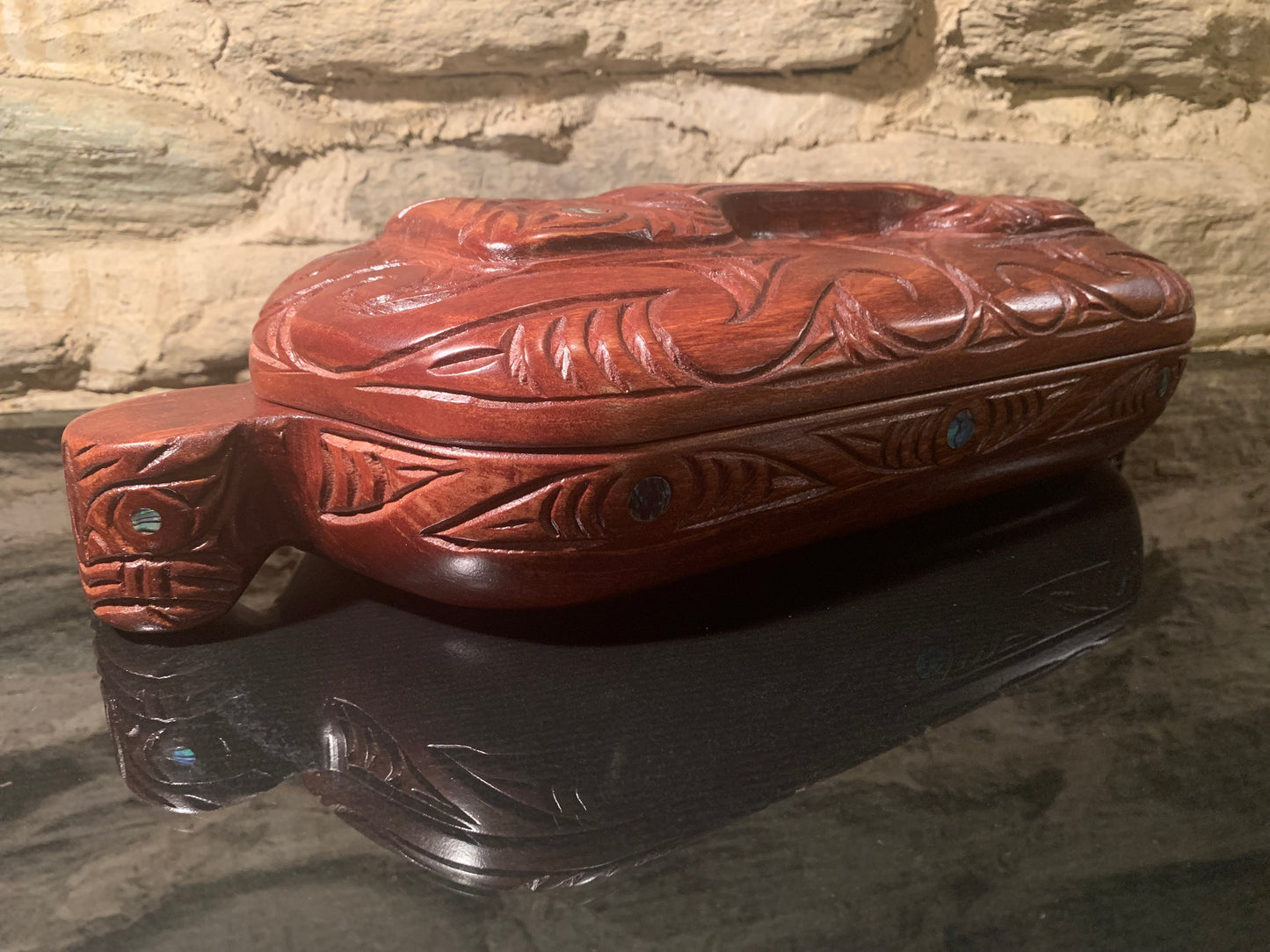 view of Maori wakahuia jewellery treasure box carved in New Zealand and available from Silver Fern Gallery