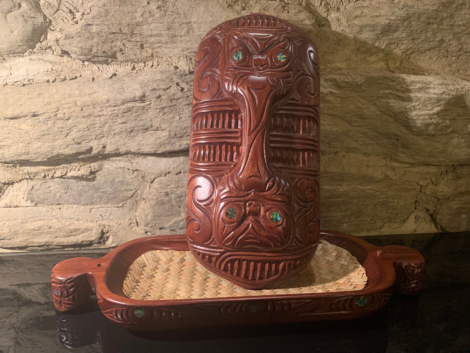 showing lid and inside of Maori wakahuia jewellery treasure box carved in New Zealand and available from Silver Fern Gallery