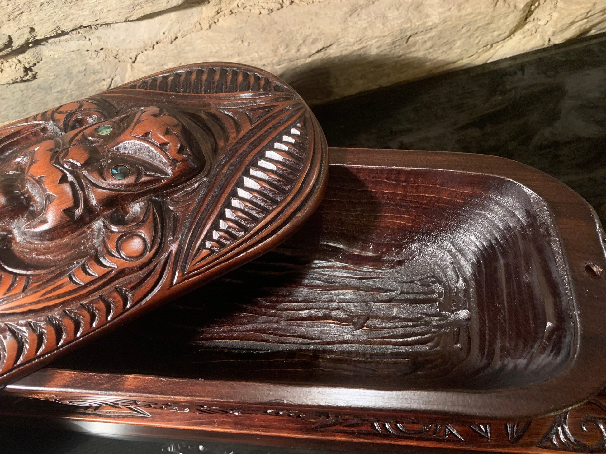 inside of Maori large papa hou carved in New Zealand and available from Silver Fern Gallery