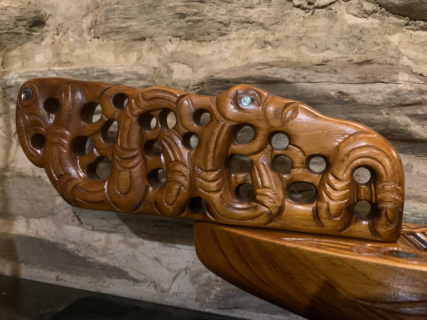 bow of Maori waka taua war canoe carved in New Zealand and available from Silver Fern Gallery