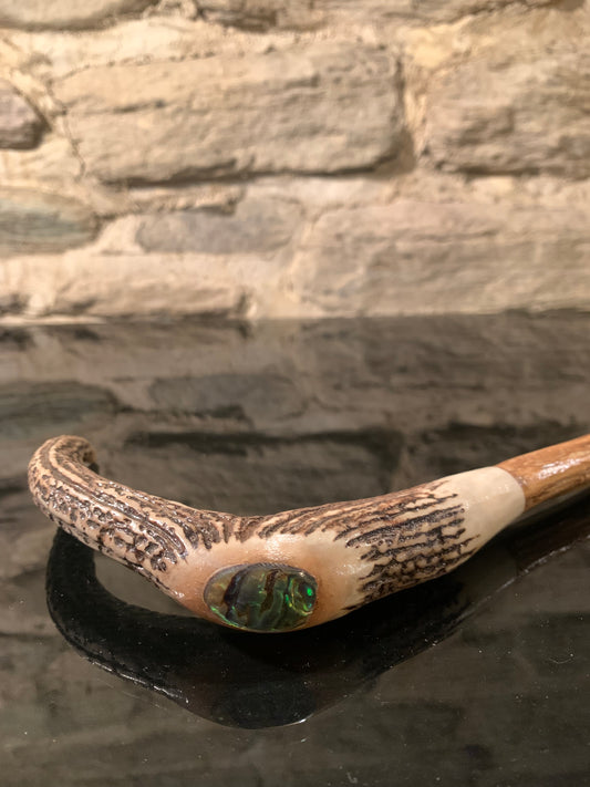 Hand Crafted Walking Stick - Deer Antler and Lancewood with Paua Inlay - by John Guise