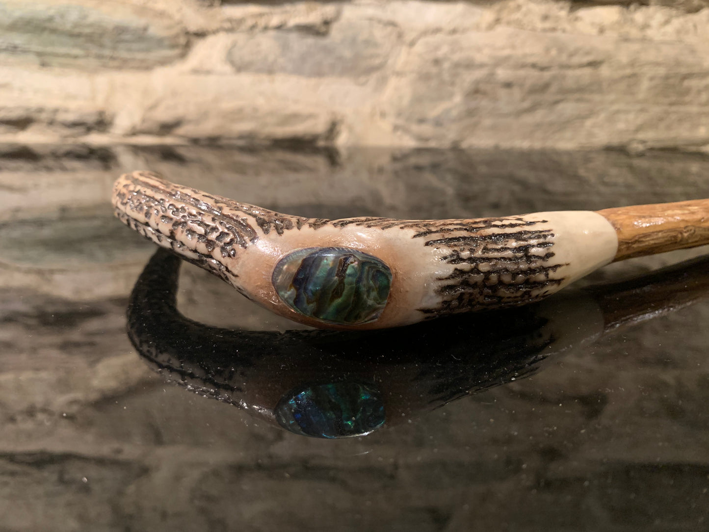 Hand Crafted Walking Stick - Deer Antler and Lancewood with Paua Inlay - by John Guise