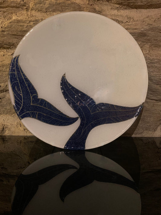 Fused Glass Bowl by Maori Boy - Whale Tail Design 32cm (white and blue)