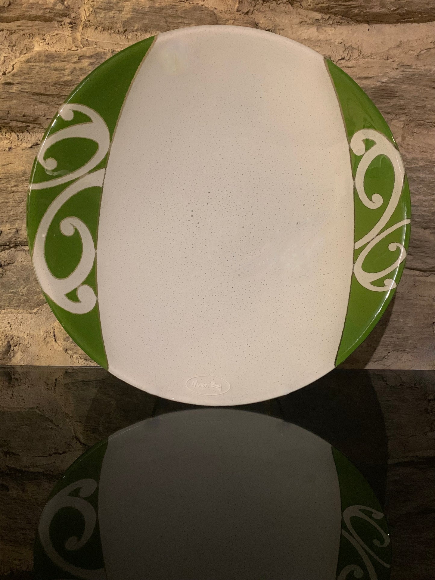 Fused Glass Bowl by Maori Boy - Wakahuia Design (white and lime green) 32cm