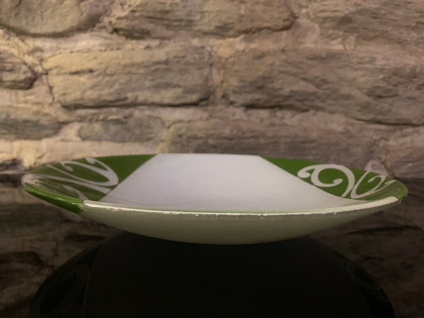 Fused Glass Bowl by Maori Boy - Wakahuia Design (white and lime green) 32cm