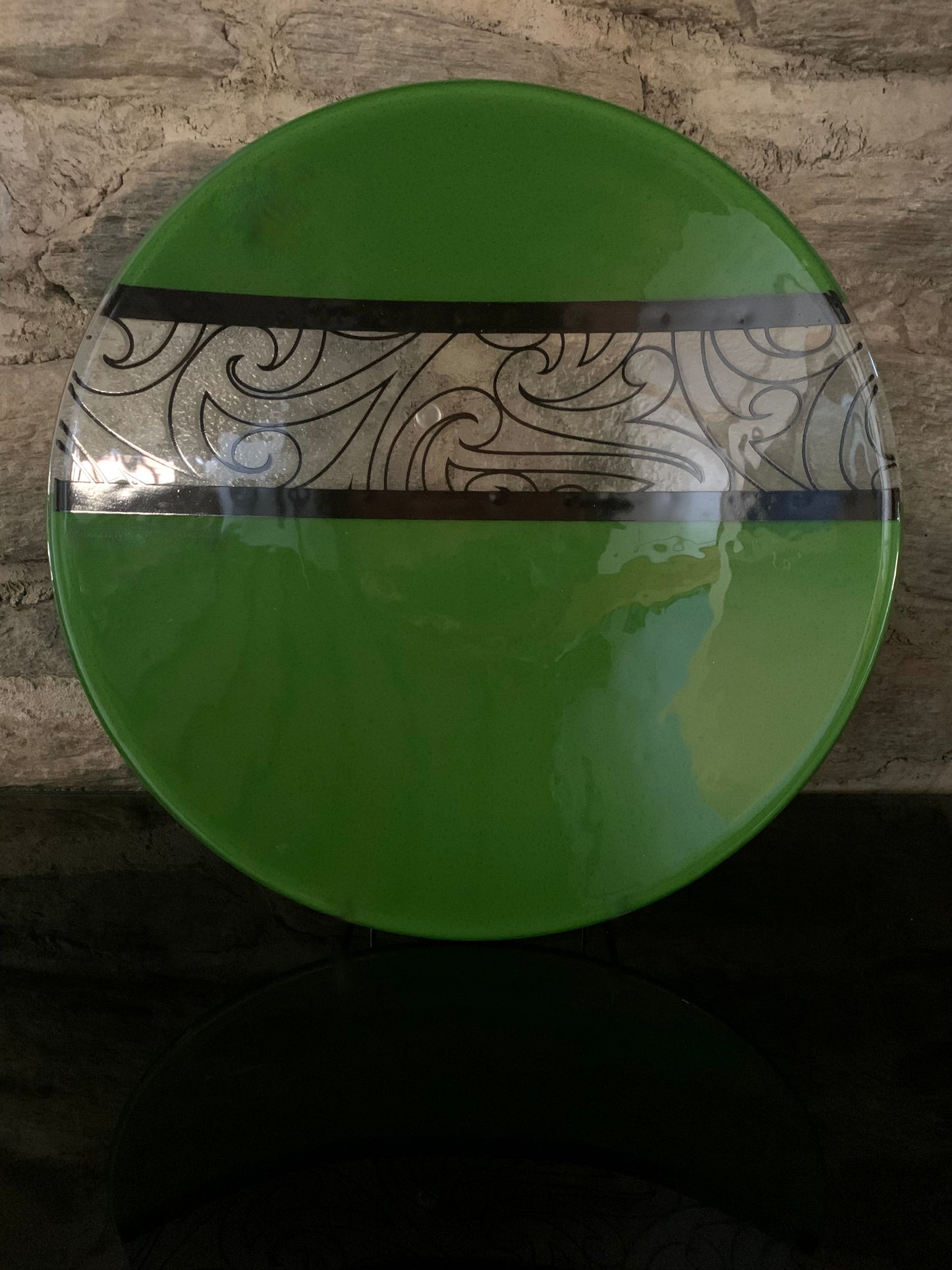 Fused Glass Bowl by Maori Boy - Rongo Design (green and black) 32cm