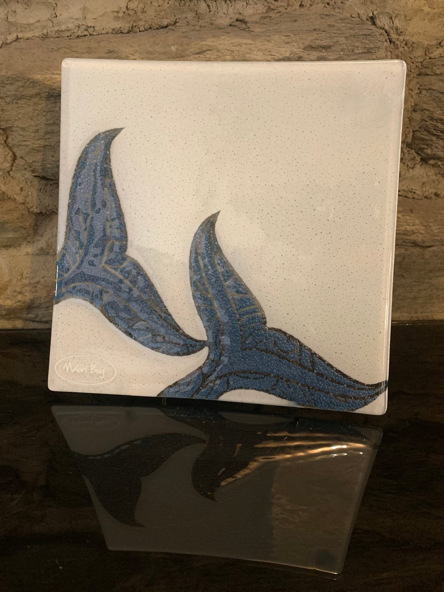 Fused Glass Platter by Maori Boy - Whale Tail Design 20cm (white and light blue)