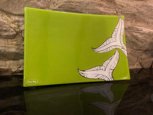 Fused Glass Platter by Maori Boy - Whale Tail Design (lime green and white) 40cm x 30cm