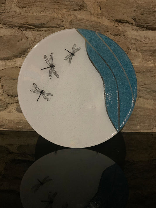 Fused Glass Bowl by Maori Boy -  Kapowai (dragonfly) Design (white and aqua) 32cm