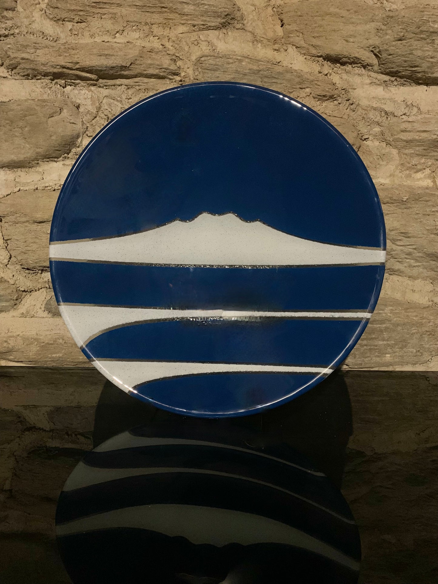 Fused Glass Bowl by Maori Boy - Te Maunga (mountain) Design (teal and white) 40cm