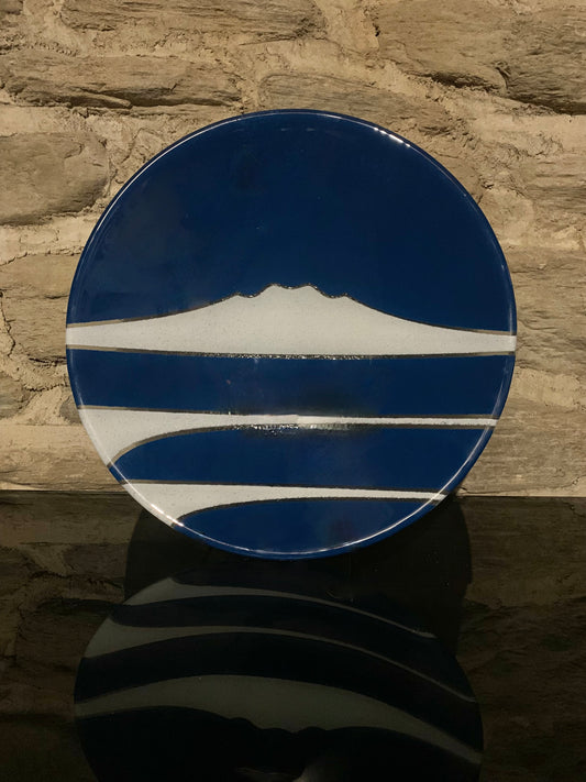 Fused Glass Bowl by Maori Boy - Te Maunga (mountain) Design (teal and white) 32cm