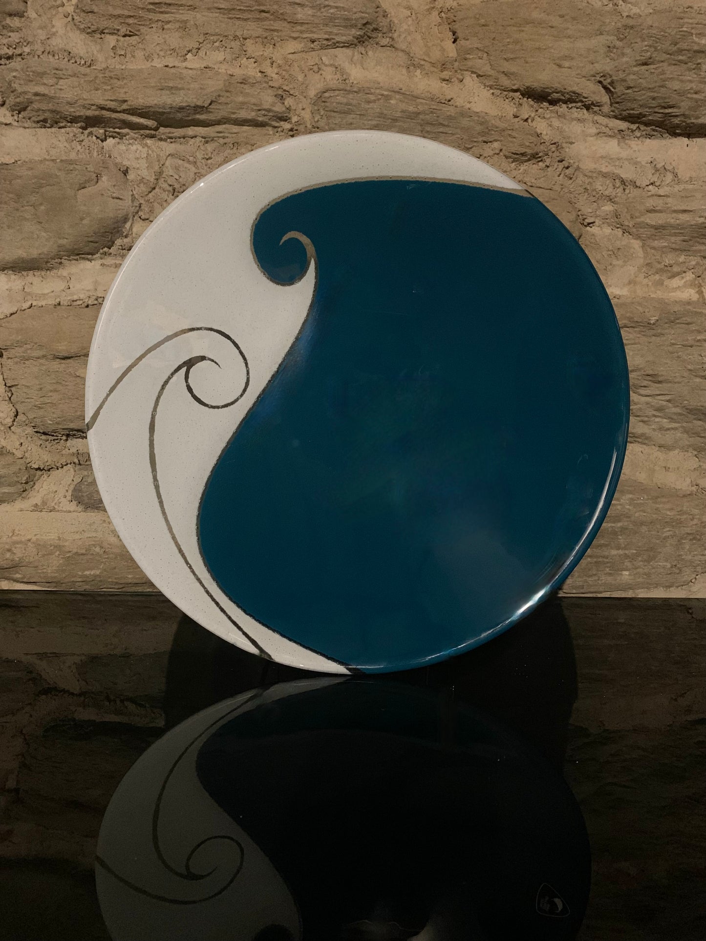 Fused Glass Bowl by Maori Boy - Tangaroa Design (teal and white) 32cm