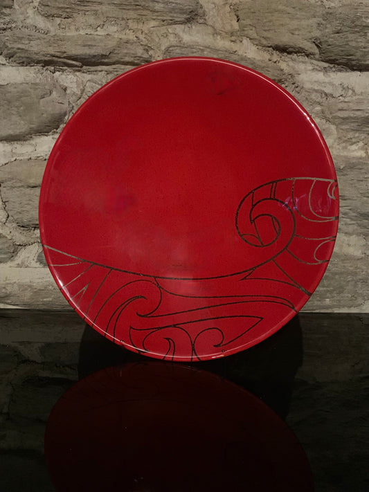 Fused Glass Bowl by Maori Boy -  Ngaru (wave) Design (red) 32cm