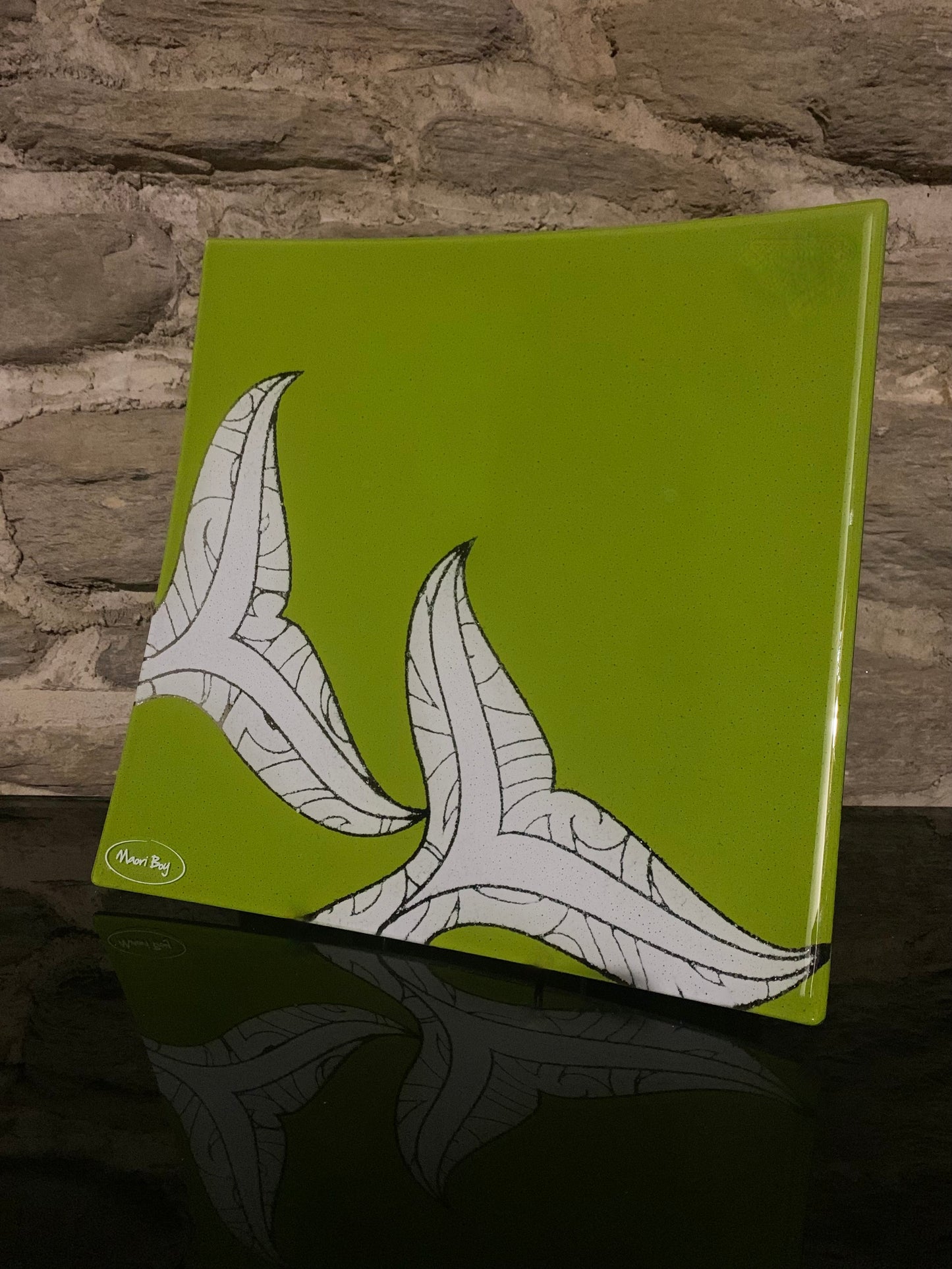 Fused Glass Platter by Maori Boy - Whale Tail Design (lime green) 30cm