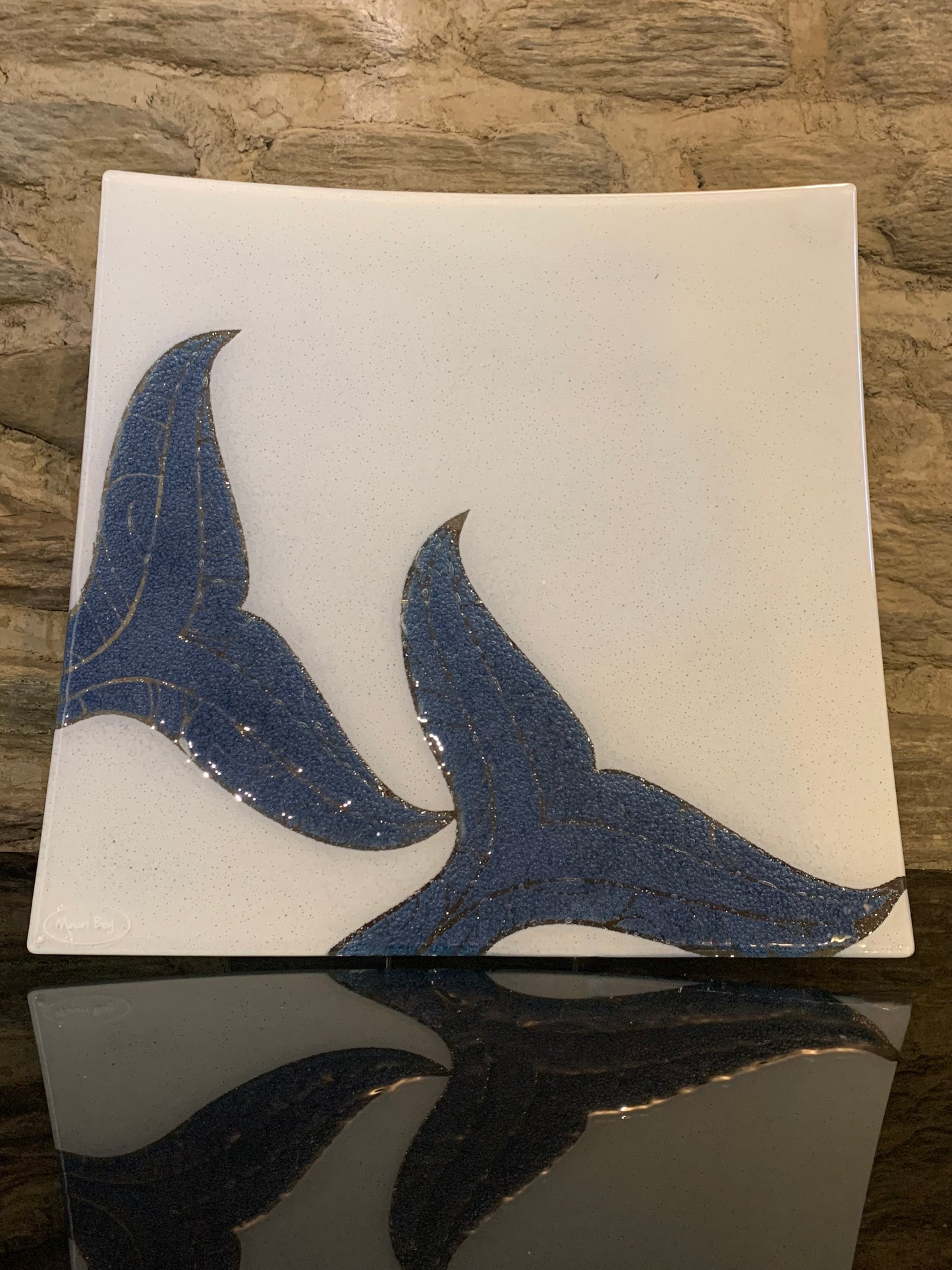 Fused Glass Platter by Maori Boy - Ika Moana (Whale Tail) Design (Light Blue and White) 40cm