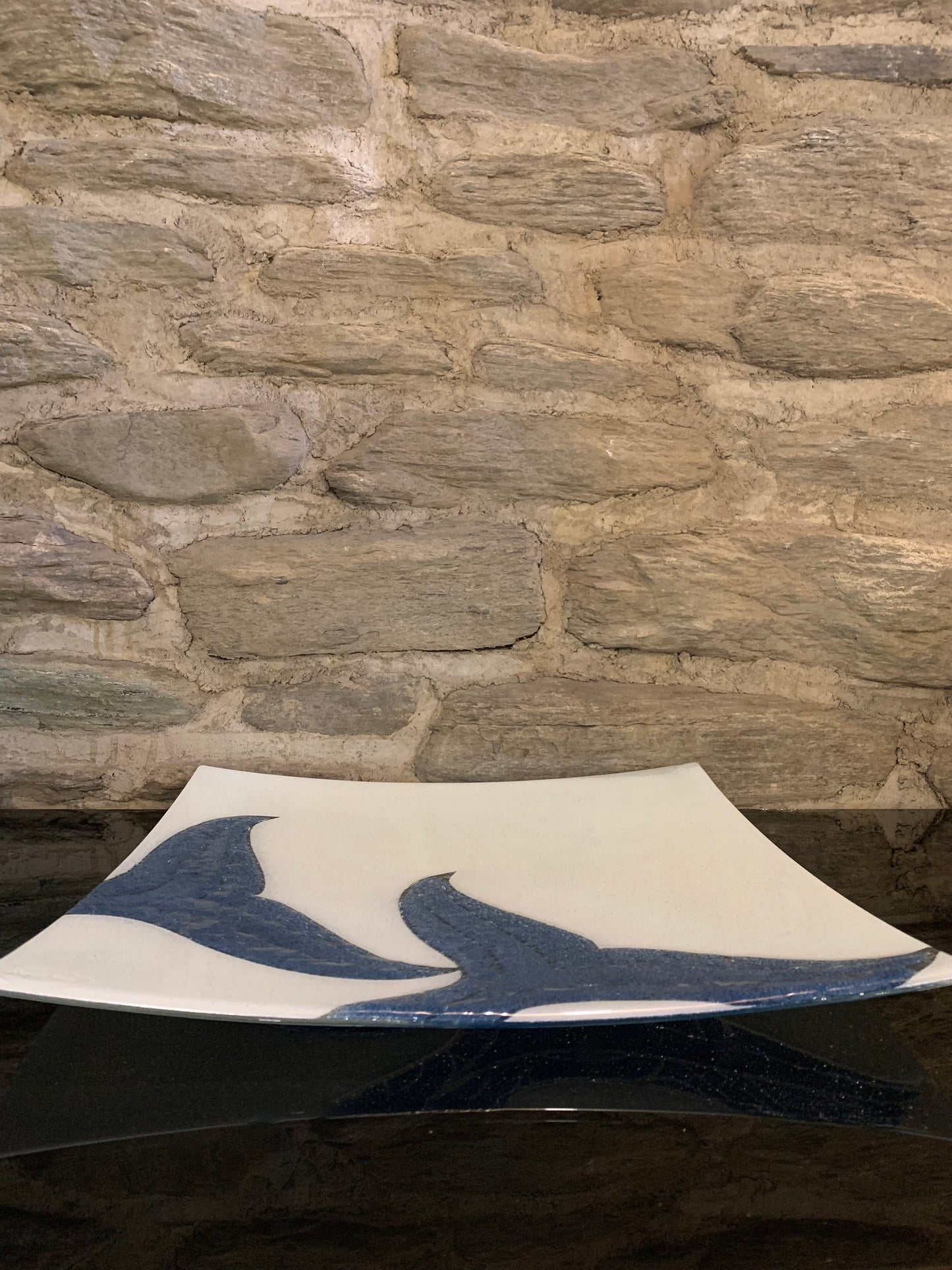 Fused Glass Platter by Maori Boy - Ika Moana (Whale Tail) Design (Light Blue and White) 40cm