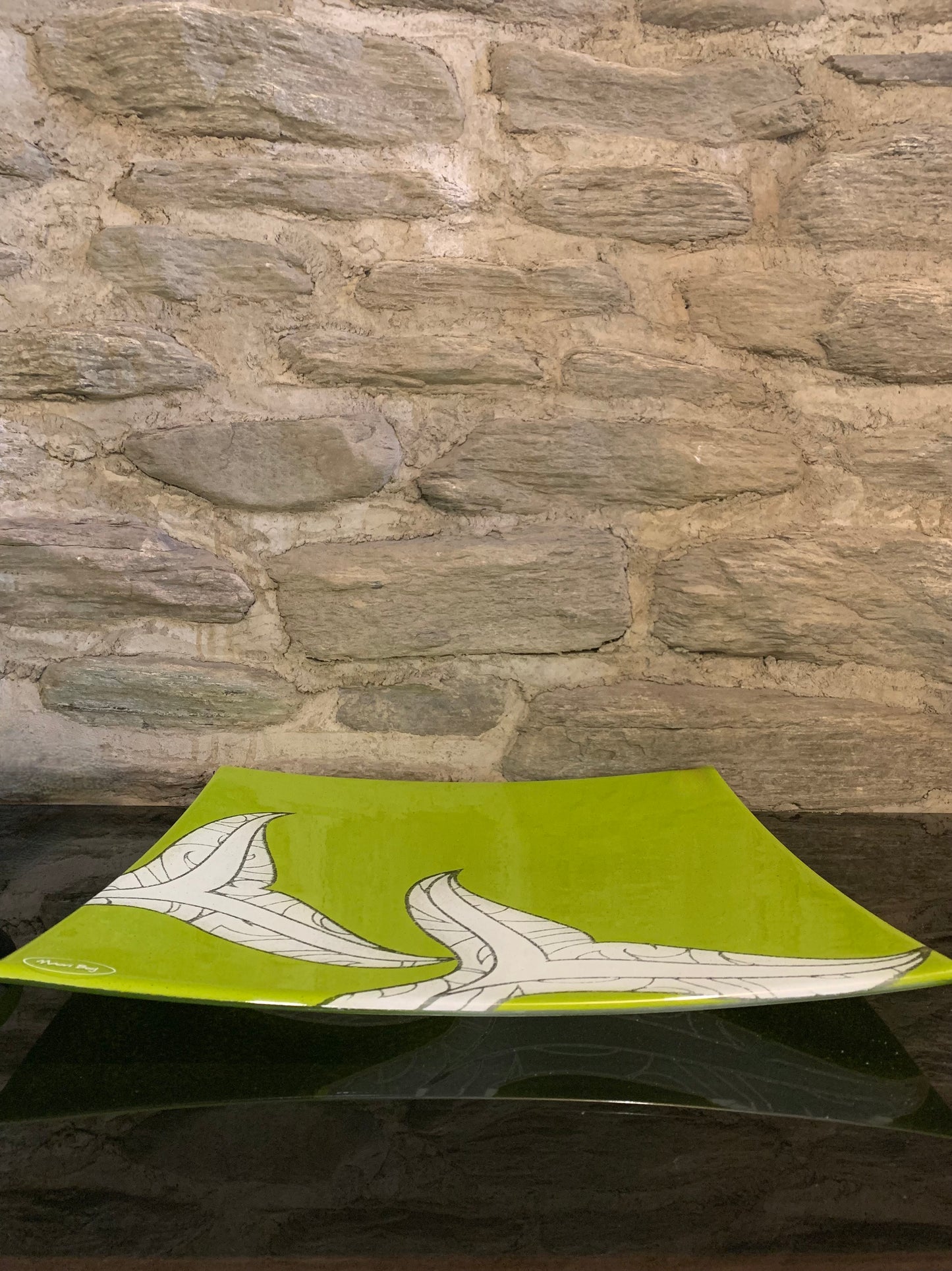 Fused Glass Platter by Maori Boy - Ika Moana (Whale Tail) Design 40cm (lime green and white)