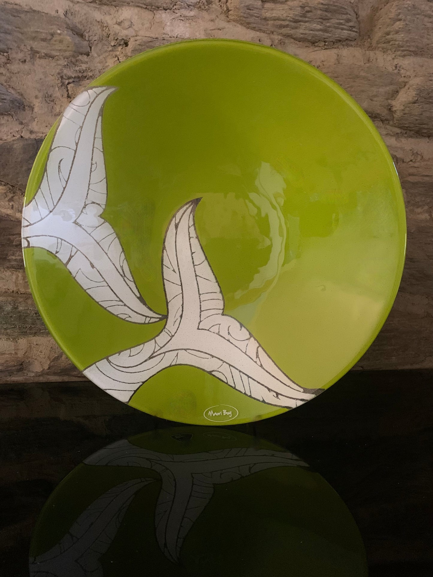 Fused Glass Bowl by Maori Boy - Whale Tail Design (lime green) 40cm