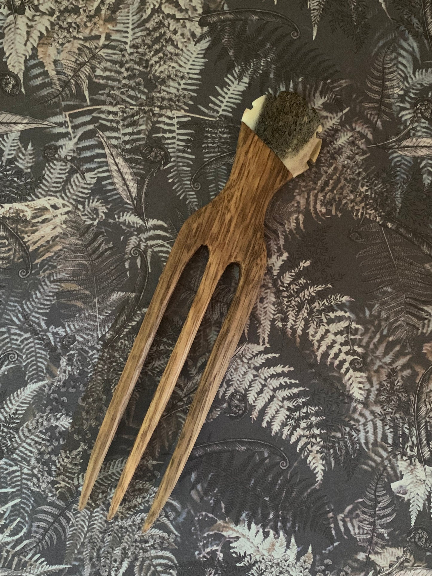 Wooden Heru (comb) with Carved Deer Antler - by Shayne O'Neill