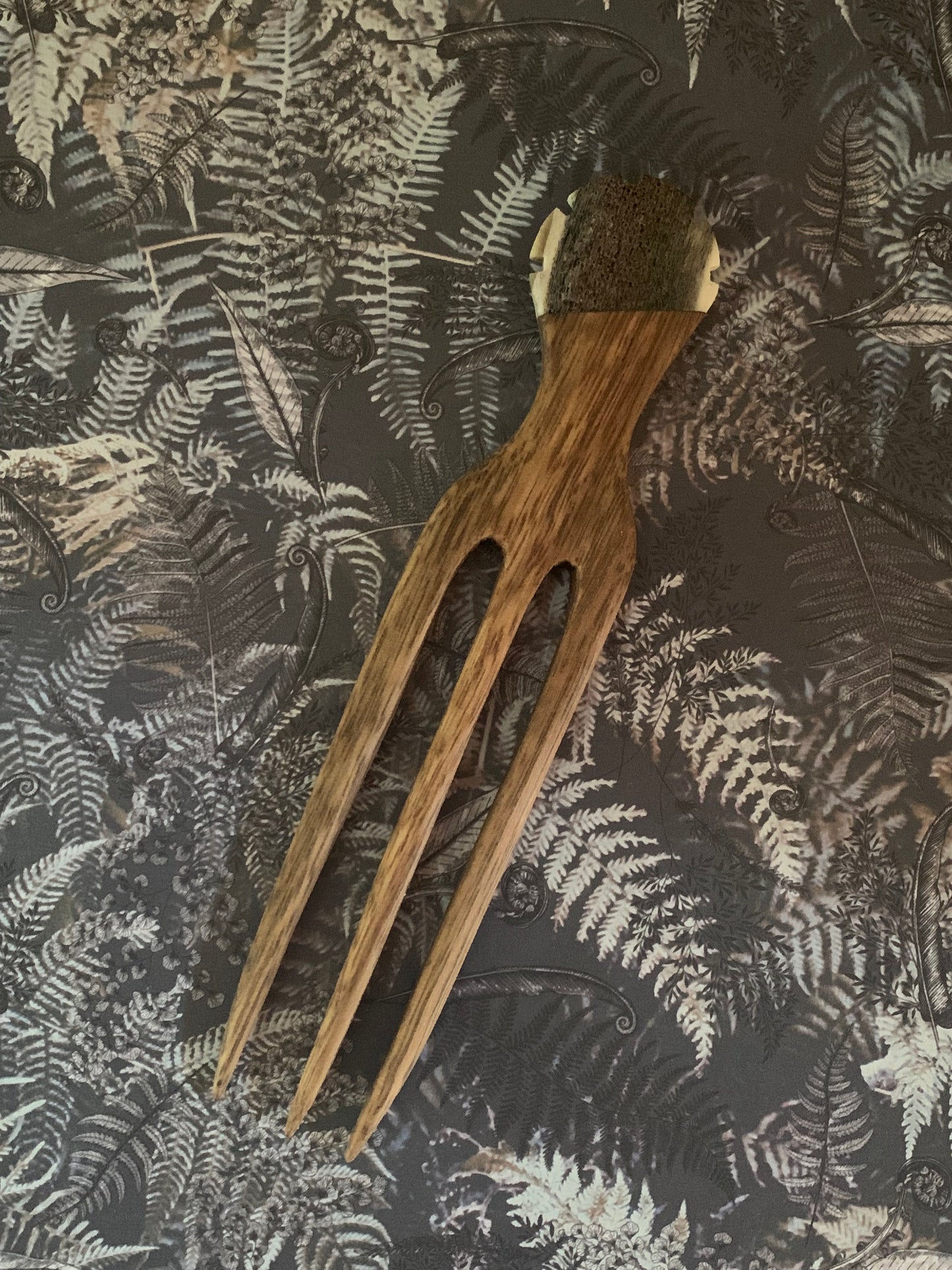 Wooden Heru (comb) with Carved Deer Antler - by Shayne O'Neill