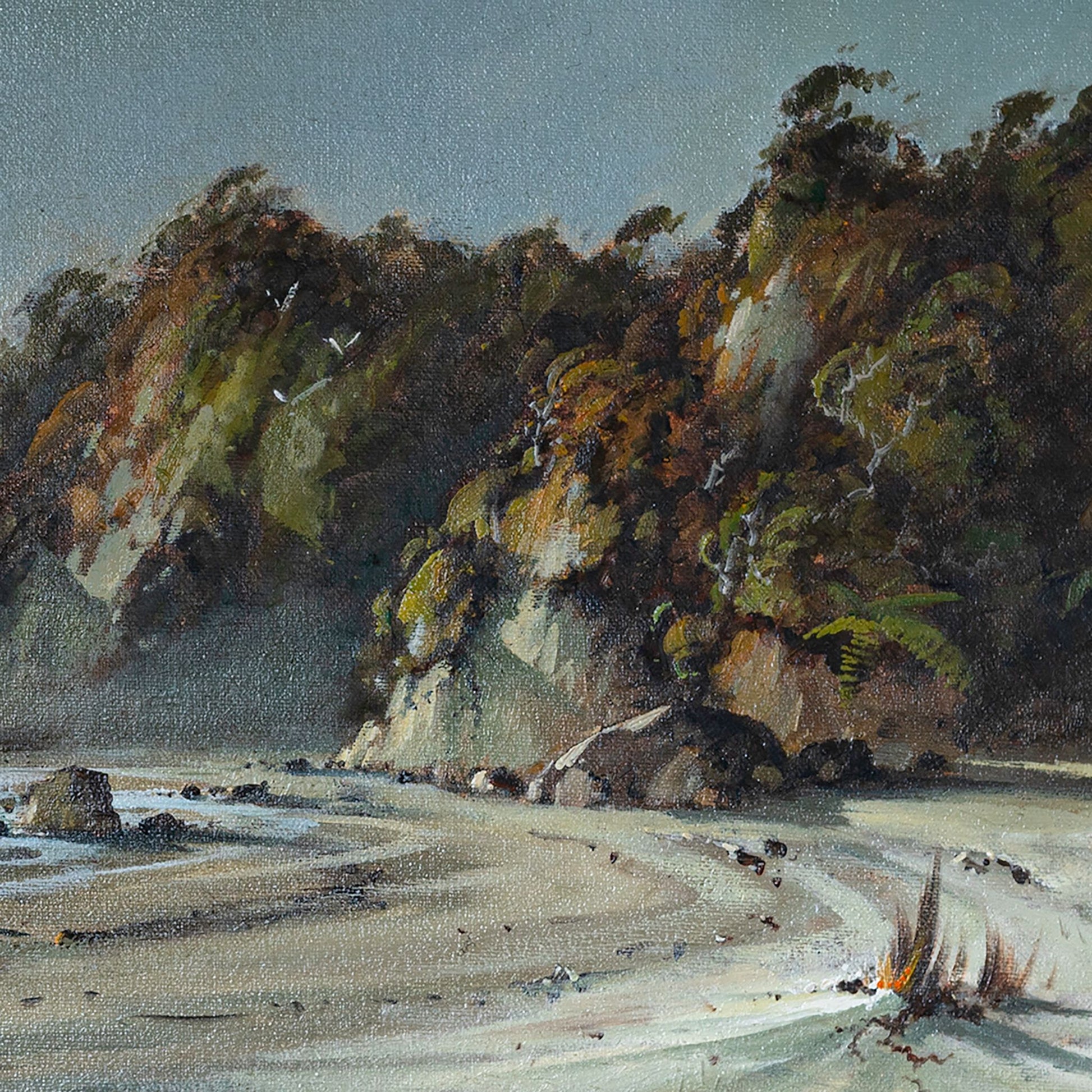 Partial detail of Framed Oil Painting by renowned landscape artist Neil J Bartlett of Cole Beach Westland New Zealand Silver Fern Gallery